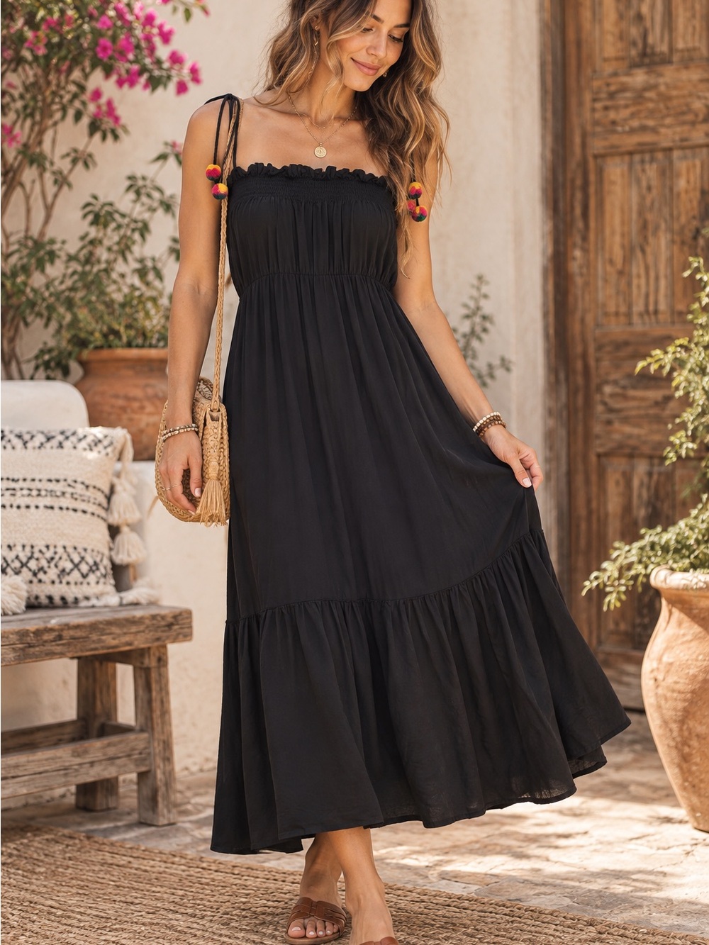 Natural Life Black Boho Maxi Dress S 100% Rayon Pom Pom Smocked